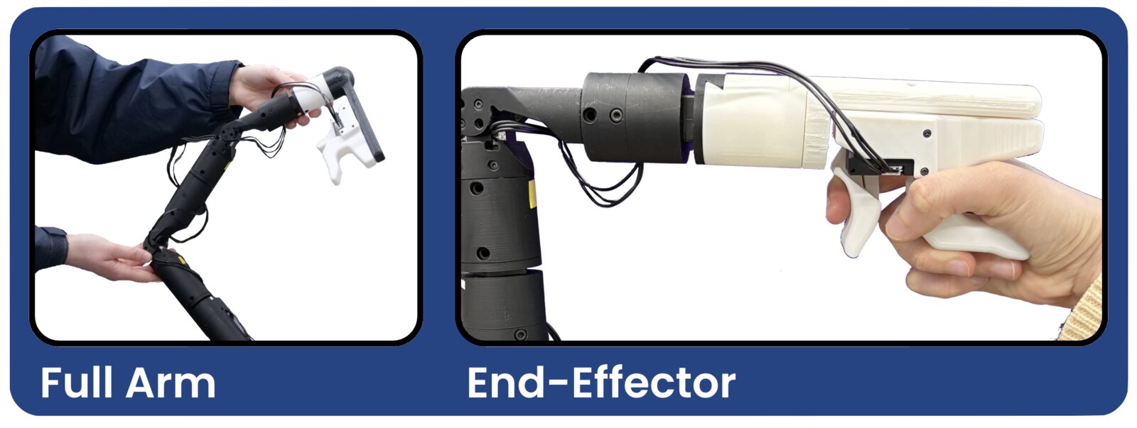 An operator using the leader arm: whole-arm grip with two hands on the joint links, and end-effector grip on the trigger handle.