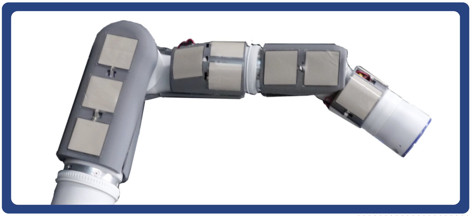 The completed installation: all mounts and pads fitted to the Kinova Gen3 arm.