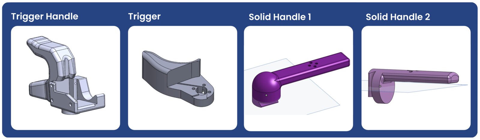 CAD renders of the 3D-printed trigger-handle parts.