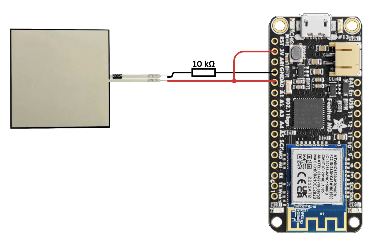 Circuit schematic for connecting FlexiForce taxels to the Feather M0 board through voltage dividers.